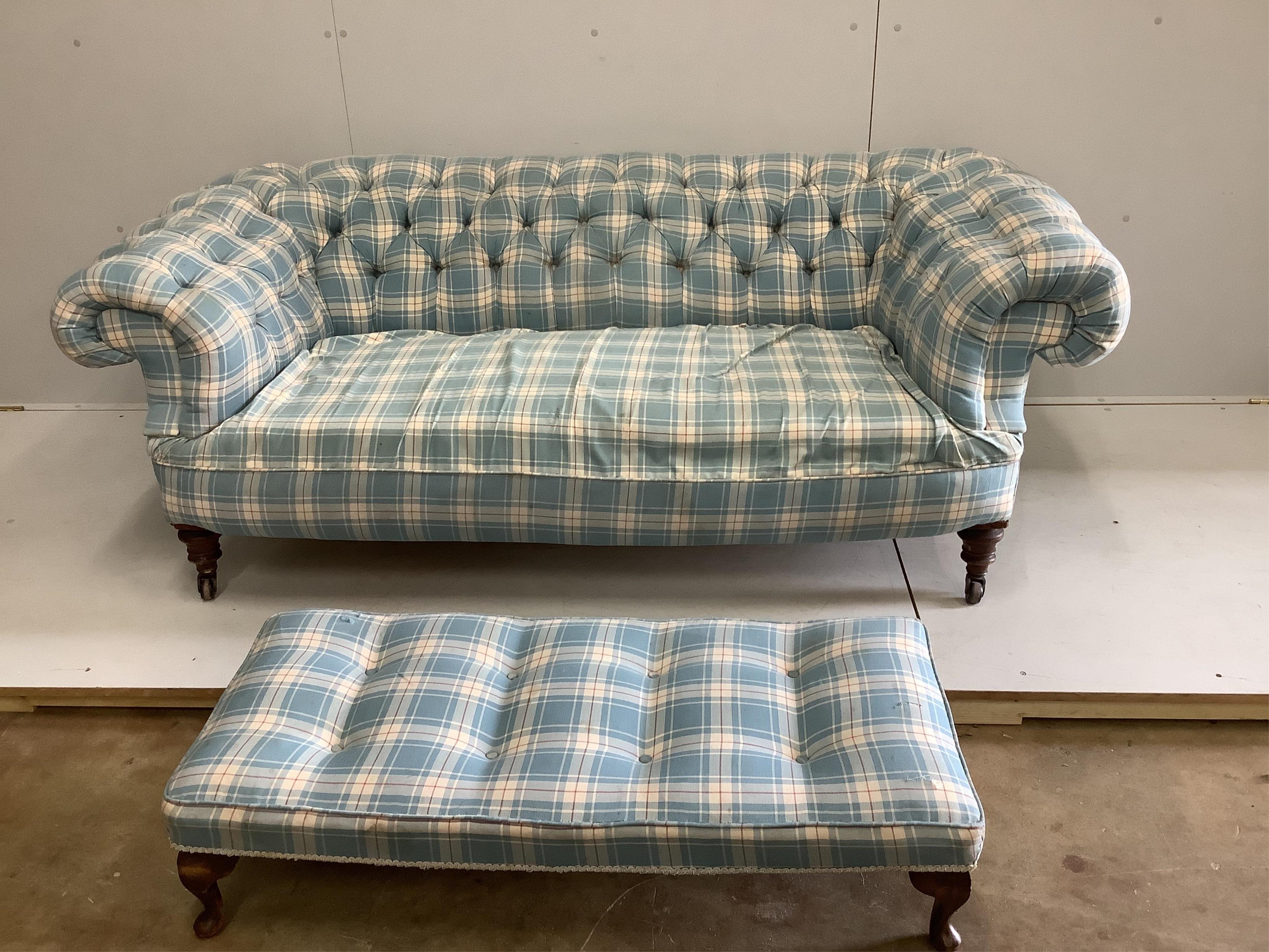 A Victorian upholstered buttoned Chesterfield settee, width 182cm, depth 86cm, height 64cm together with a later rectangular footstool